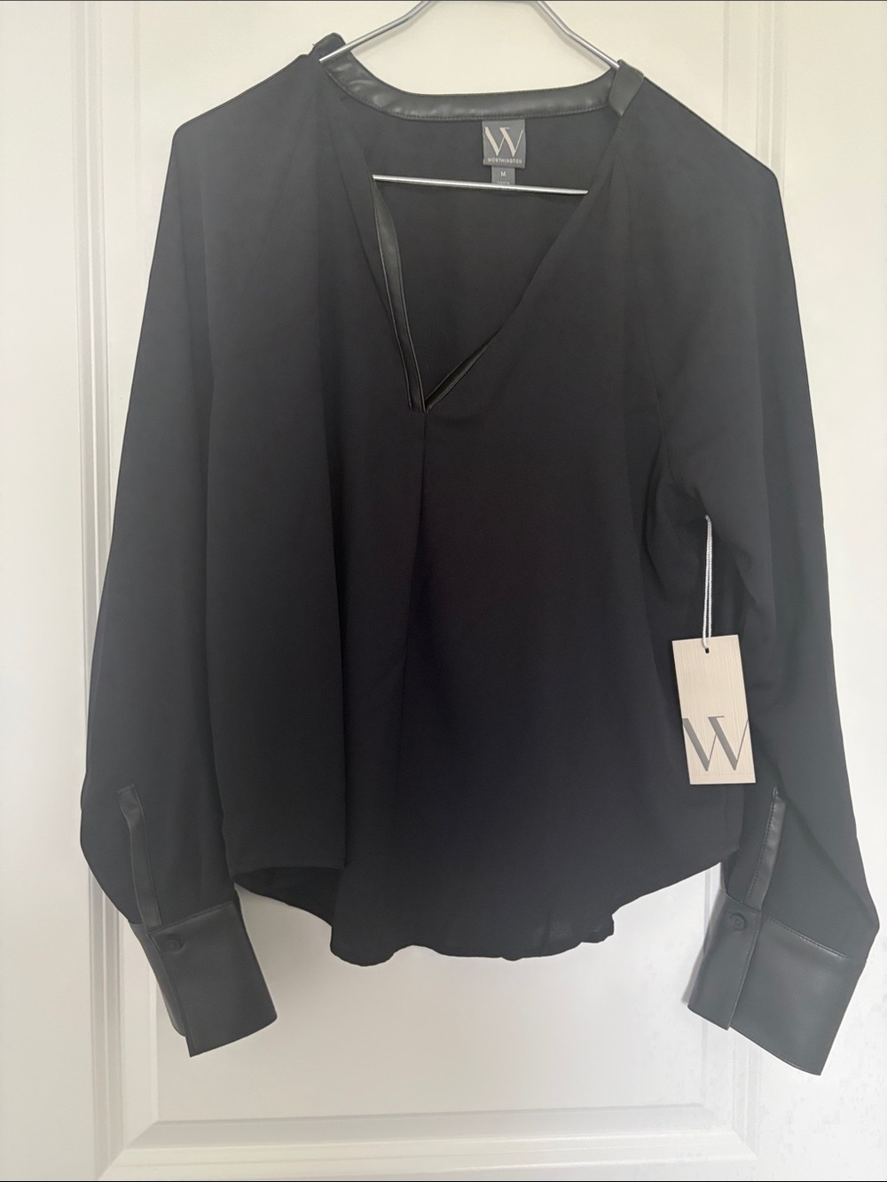 W by Worth Black V-Neck Blouse with Leather Trim
